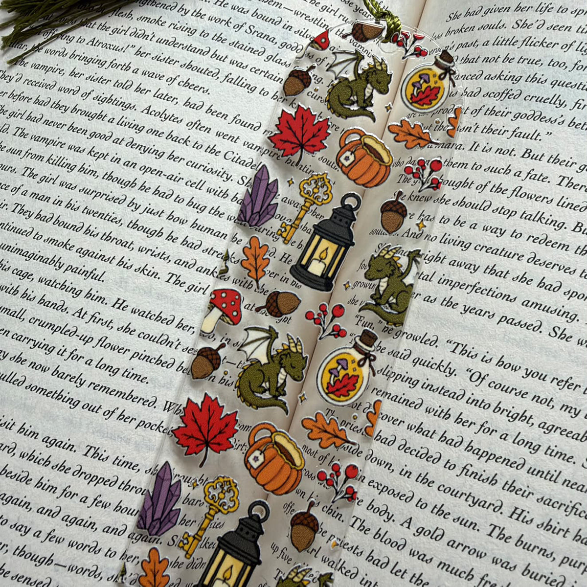 Cozy Autumn Dragon Clear Bookmark with Tassel – Fall Cottagecore & Fantasy Book Mark