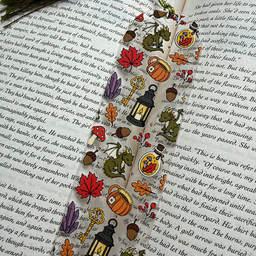 Cozy Autumn Dragon Clear Bookmark with Tassel – Fall Cottagecore & Fantasy Book Mark