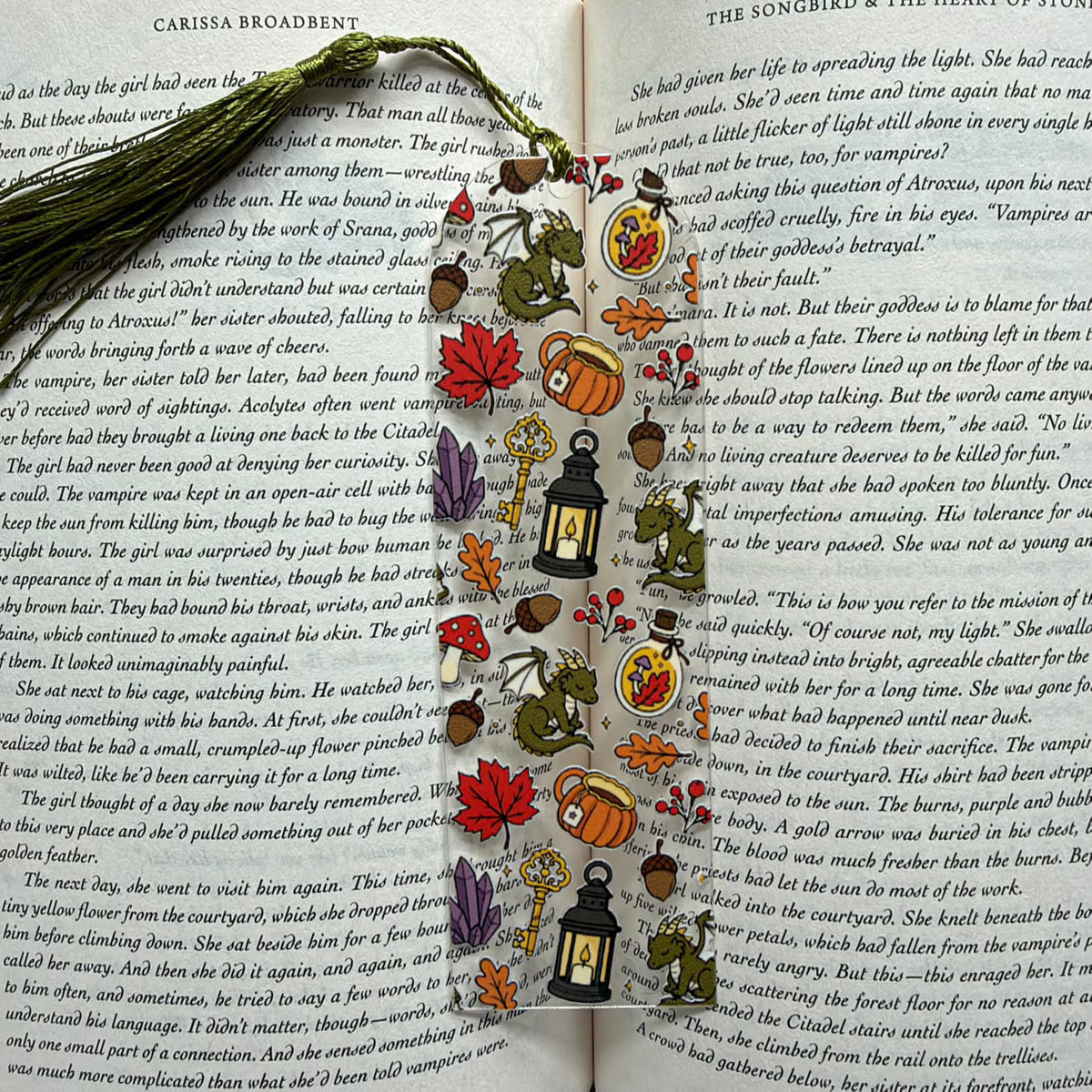 Cozy Autumn Dragon Clear Bookmark with Tassel – Fall Cottagecore & Fantasy Book Mark